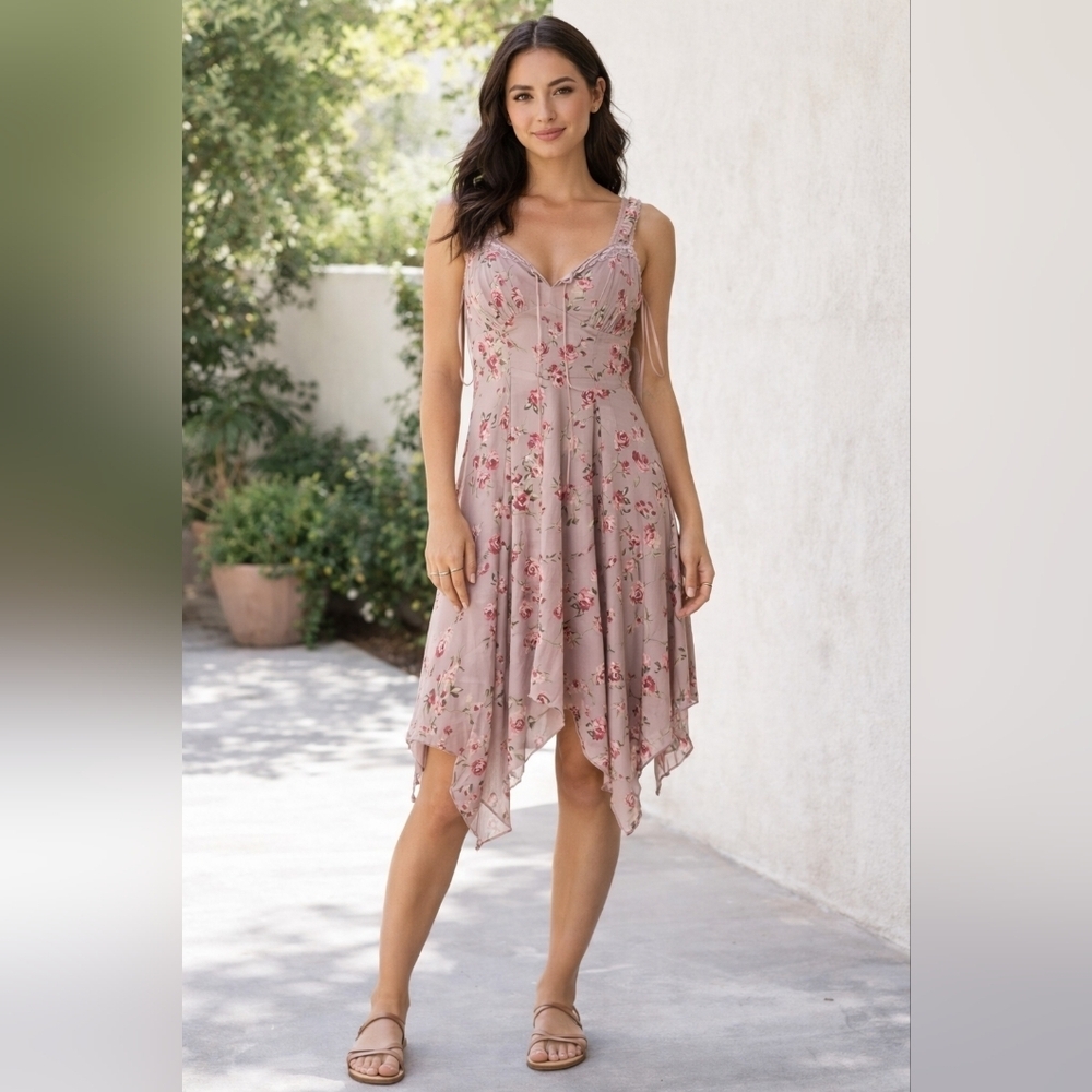 Kirious LOS Angeles Floral Dress Small Pink Rose Sleeveless Babydoll Flowy NWT.